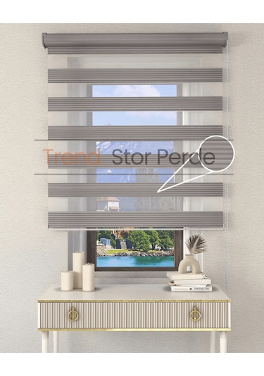 Geniş Plise Gri Etek Dilimsiz Zebra Stor Güneşlik Perde Gri