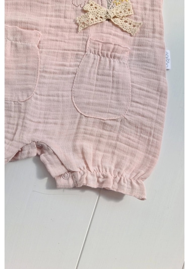 Müslin Kumaş Çiçek Nakışlı Pamuklu Kız Bebek Tulum Pembe