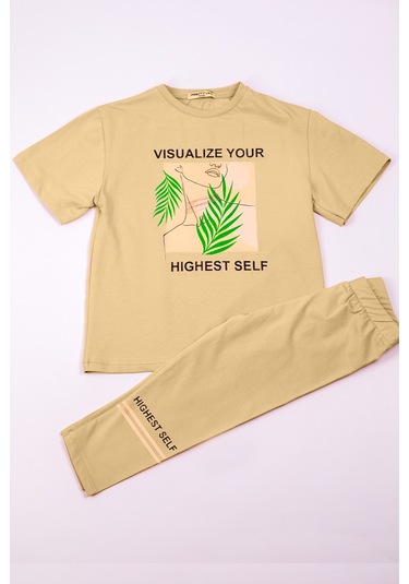 Kız Çocuk Takım Kapri Taytlı Baskılı Oversize A84 Bej