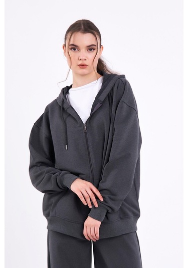 Comeor Antrasit Kanguru Cepli Kapüşonlu Fermuarlı Oversize Kadın Sweatshirt Cmrb73-antrasit Antrasit