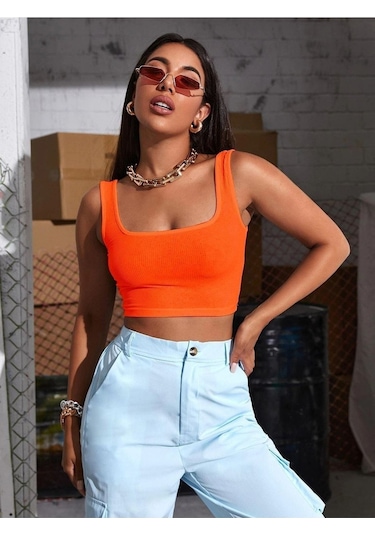 Askılı Fitilli Crop Top Bluz - Turuncu Turuncu