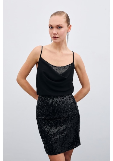 Sateen Degaje Yaka Bluz - Siyah-132140