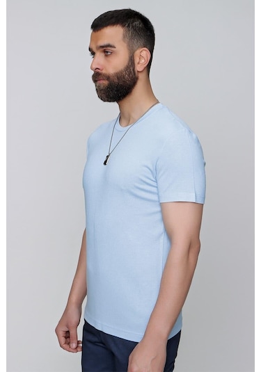 Slim Fit Bisiklet Yaka Düz Pamuklu Mavi Tişört Ts 823 Mavi