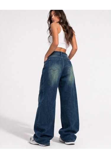 St.poll Eskitme Vintage Yeşil Yıkama Unisex Baggy Jeans Pantolon Yeşil Yıkamalı