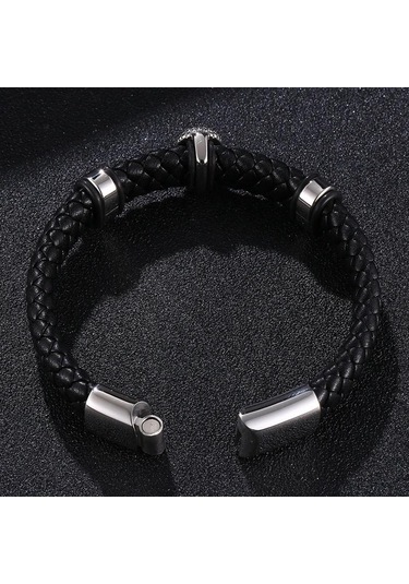 Erkek Örgülü Deri Kurukafa Bileklik Paslanmaz Çelik Erkek Bilezikleri Parti Takıları Hediye Punk Bileklik Kahverengi