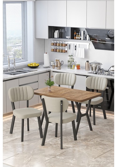 Parla 70x110cm Atlantik Mutfak Masası, Mutfak Masası Takımı, Yemek Masası, 4 Krem Sandalye Krem