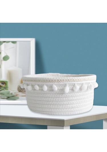 Suntek Güzel Yumuşak Depolama Sepeti Dokuma Pamuk İpliği Yün Beyaz Peluş Top Beyaz
