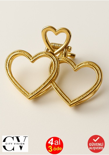 7 Cm Çift Kalp Model Gold Saç Tokası Zarif Ve Romantik Metal Mandal Toka Altın