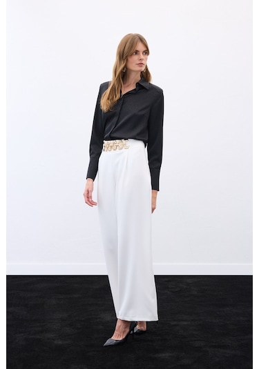 Sateen Kemerli Salaş Pantolon - Ekru-136533 Ekru