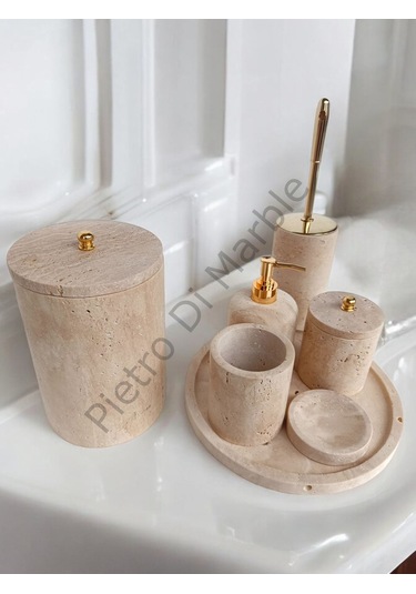 Sarı Traverten Klasik Model 7 Parça Gold Renk Düğme Aksesuarlı Banyo Seti Sarı Traverten