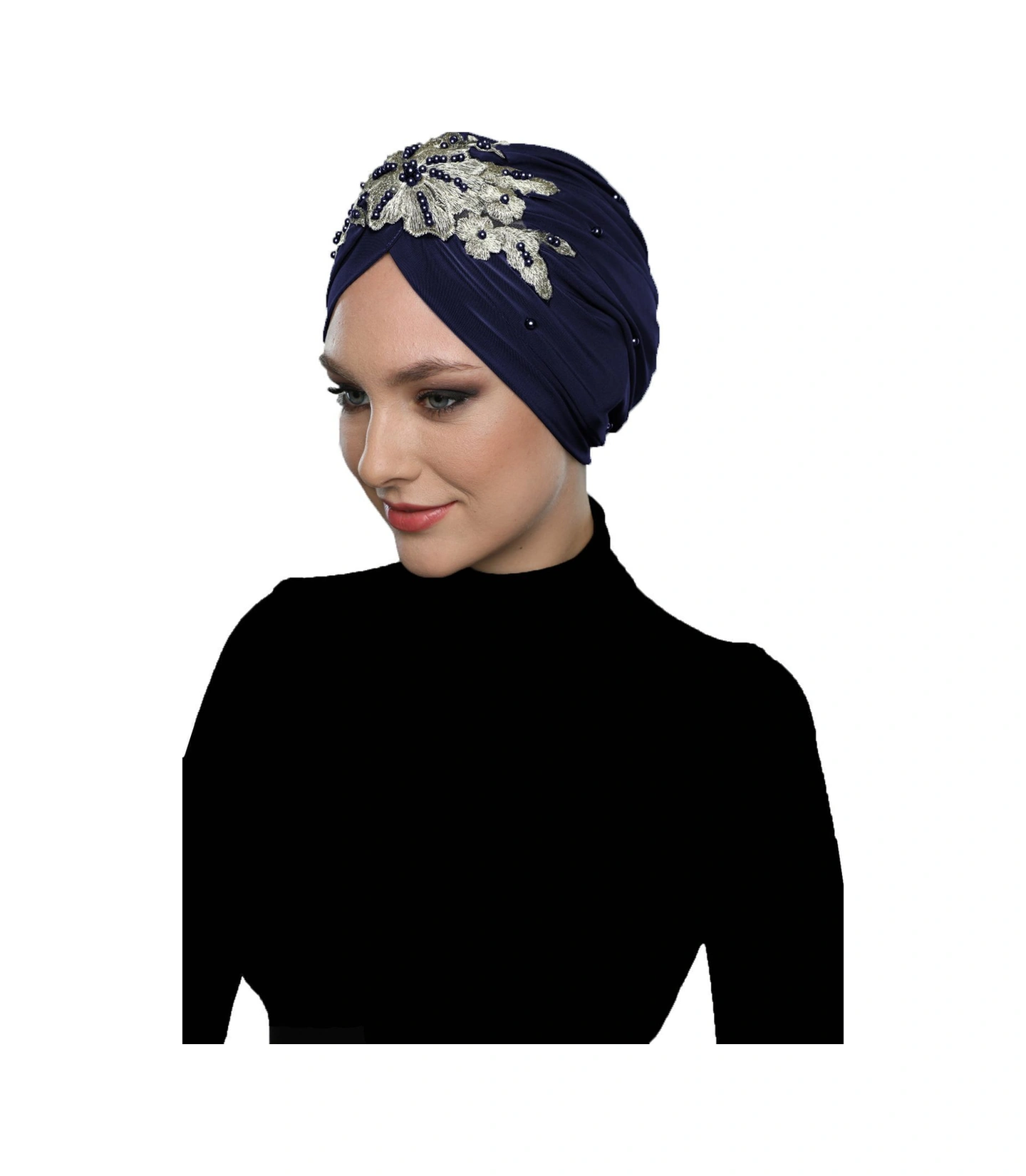 Kopma Astarlı İşlemeli Lacivert Sarı Dantel Motifli Hazır Türban Tesettür Abiye Bone Lacivert-sarı