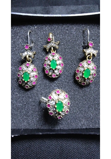 Zümrüt, Lal Ve Zirkon Karışımlı Gümüş 3 Lü Oval Set Bronz