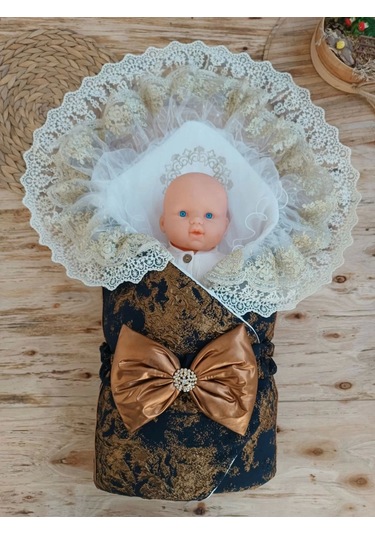 Yenidoğan Kendinden Desenli Krom Fiyonklu Bebek Battaniyesi Kundak Bakır Bakır