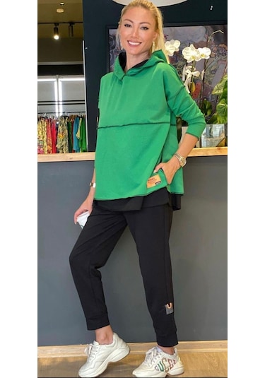 Kadın Yeşil Kapşonlu Etek Ucu Detay Arma Ikili Takım Bediva 001