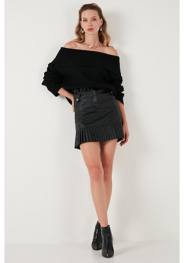 Lela Oversize Fit Madonna Yaka Triko Bayan Kazak 4615216 Siyah