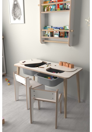 Çocuk Oyun Ve Aktivite Masası - 2 Sandalye - Gri Sepetli Beyaz-gri Beyaz - Gri