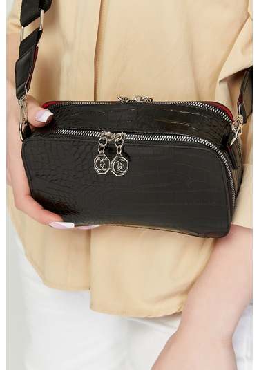 Morpelikan Siyah Kroko İki Bölmeli Kadın Omuz Çantası Siyah