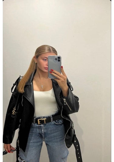 Prifaldi Oversize Uzun Kadın Deri Ceket Siyah