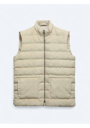 Bej Regular Fit Dik Yaka Casual Dokuma Spor Yelek Bej