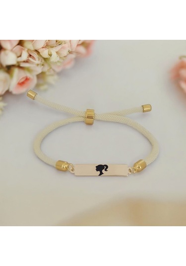 Archin Barbie Temalı Beyaz Örgülü 14 Ayar Altın Plakalı Dikdörtgen Figürlü Hediye Bileklik-413sembol Barbie