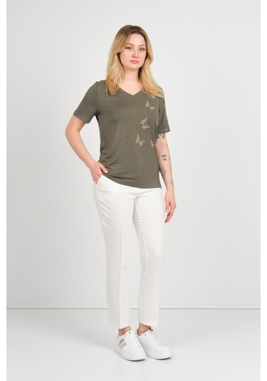 Ella Camelia Kadın Kelebek Şekilli Taş Süslemeli V Yaka Kısa Kollu Bluz 24e047 Haki Haki