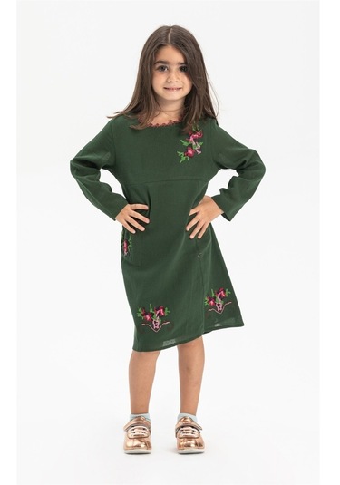 Uzun Kol Şile Bezi Burçak Çocuk Elbise Yeşil