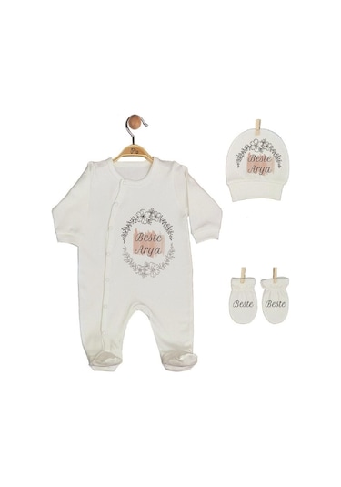 Pia Baby Gl 1908-01 İsme Özel Üçlü Tulum Set Krem