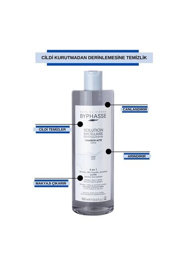 Byphasse Micellar Yüz Ve Makyaj Temizleyici Aktif Kömür Misel Su 500 ML