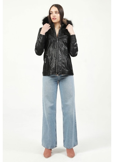 Dericlub Mistral Kadın Kapüşonlu Hakiki Deri Kaban Siyah Siyah