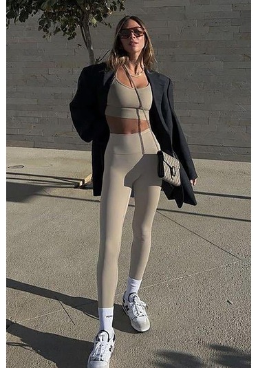 Madmext Bej Yüksek Bel Kadın Tayt Mg2230 Bej