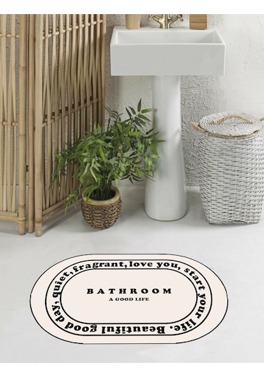 Bathroom Yazılı, Yazılı Banyo Paspası, Dekoratif Paspas, 60x100 Krem