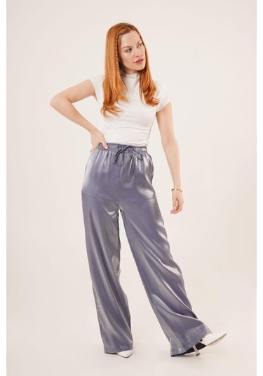 Munn Collection Parlak Görünümlü Cepli Mor Bol Paça Pantolon Mor