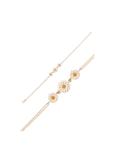 Üç Papatya Süzme Bileklik - Sarı Nano Zirkon Taşlı Mineli Rose Altın Kaplama 925 Ayar Gümüş