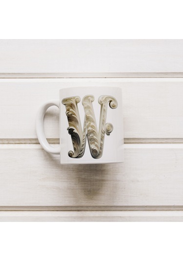 W Harfi Bardak, Monogram 330 Ml Barok Oymalı Görünüm Beyaz