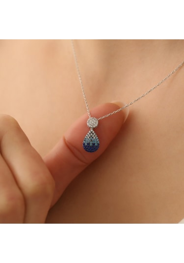 925 Ayar Gümüş Işıltılı Mavi Tonlamalı Drop Kolye