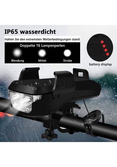 Neevoyu 4'ü 1 Arada Şarjlı Bisiklet Farı - Su Geçirmez Telefon Tutucu Ve 130 Desibel Korna İle Güvenli Sürüş Siyah
