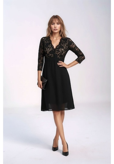 Kadın Tül Yaka Detaylı Truvakor Kol Şık Rahat Kalıp Büyük Beden Curve Abiye Gece Elbisesi Siyah