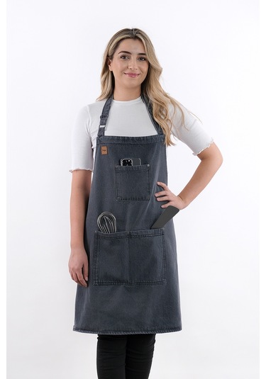 Ayarlanabilir Askılı Kot Mutfak Önlüğü Siyah Siyah