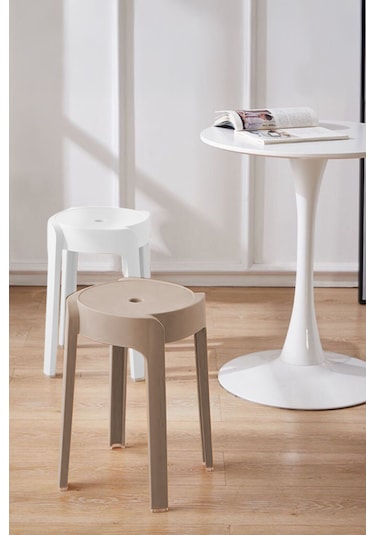 Kaymaz Ayaklı İçiçe Geçebilen Plastik Tabure 4 Adet Latte-beyaz
