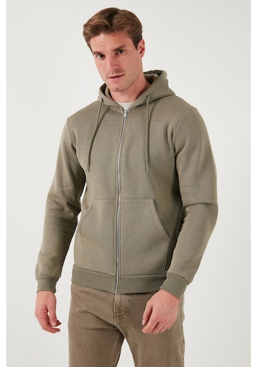 Buratti Regular Fit Kapüşonlu Fermuarlı Içi Tüylü Yumuşak Şardonlu Kışlık Erkek Sweat 5905340 Vizon Yeşili