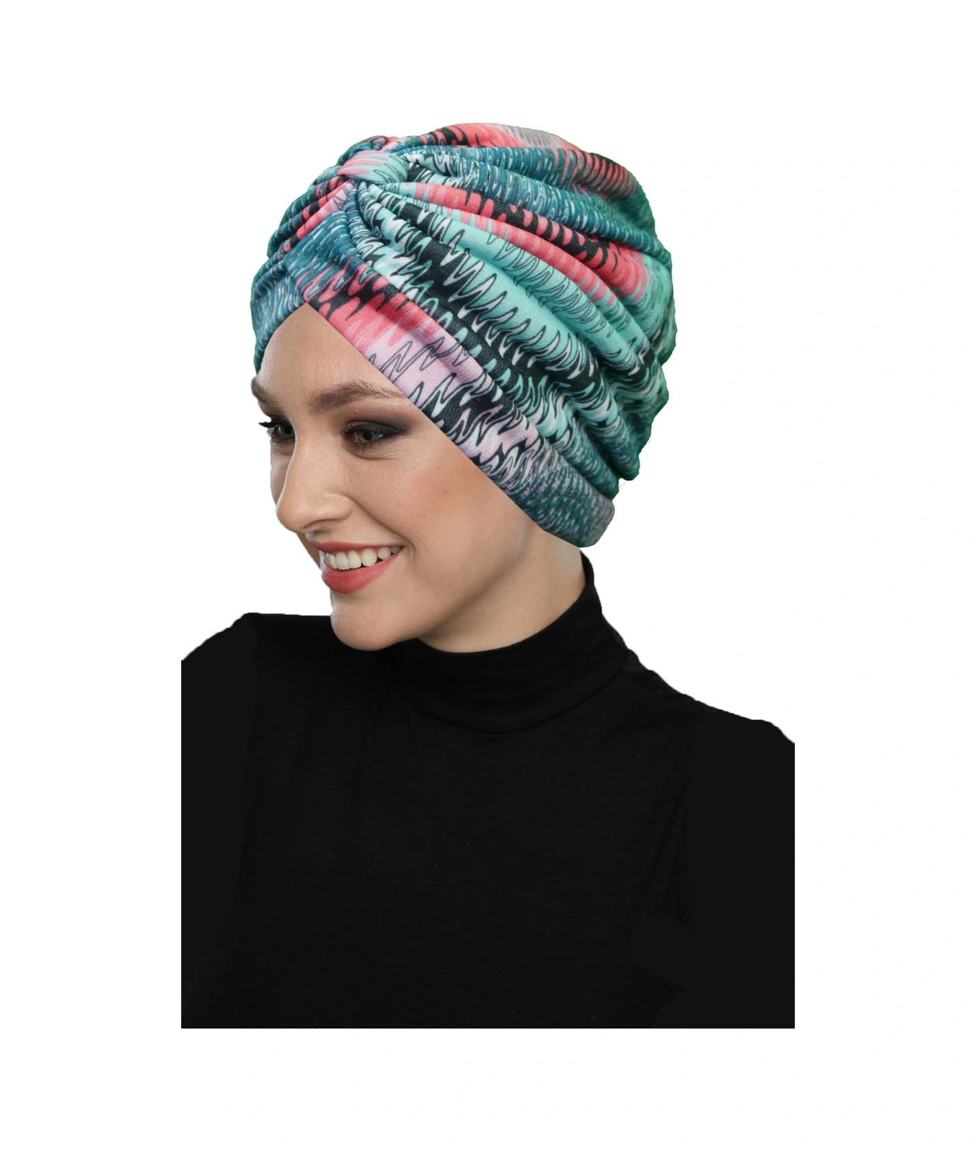 Mavera Model Renkli Desenli Çapraz Ve Bant Detaylı Astarlı Hazır Türban Tesettür Havuz Bonesi Yeşil