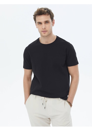 Kip Siyah Düz Bisiklet Yaka Pamuk Karışımlı T-shirt Siyah