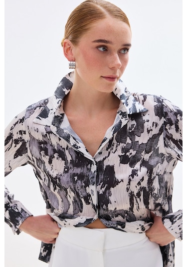 Sateen Desenli Düz Kesim Gömlek - Siyah-136802 Siyah