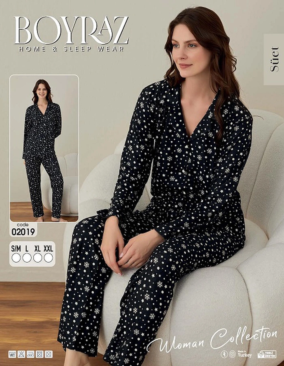 Boyraz Kadın İnce Süet Boydan Düğmeli Kışlık Pijama Takımı 02019- 1 Adet Siyah