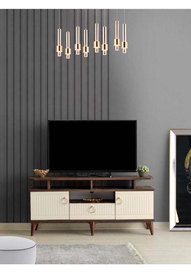 110 CM MDF MEBRAN KAPAK RAFLI TV SEHPASI BAROK CEVİZ - KREM