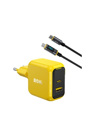 Aohi Magcube 67w 2 Portlu Şarj Adaptörü, 140w Led Ekranlı Naylon Örgülü Süper Hızlı Şarj/data Kablosu