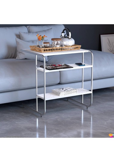 Modilayn C Yan Sehpa Geniş Boy Tekerlekli Çalışma, Atıştırmalık, Yemek, Laptop Sehpası Beyaz Desenli Beyaz