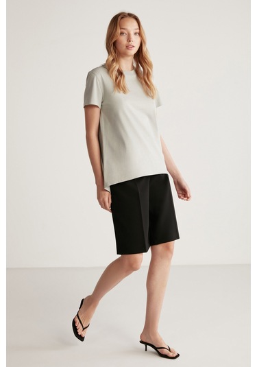 Samantha Kadın %100 Organik Pamuklu Comfort Fit Arkası Uzun Basic Örme Açık Gri T-shirt