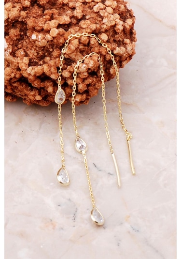 Damla Taşlı Altın Yaldızlı Gümüş Zincir Küpe 5210