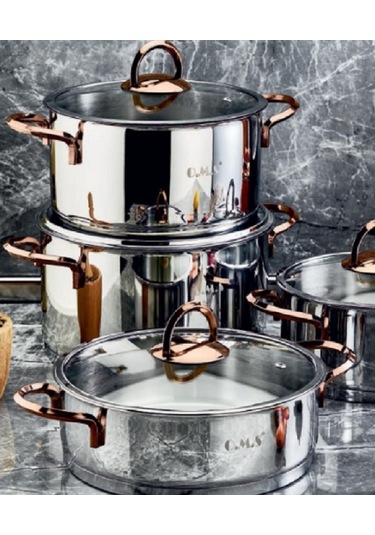 Oms 8 Parça Silindir Ezme Bakır Çelik Tencere Seti 1097-b